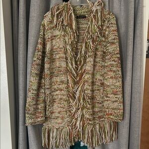 Marisa Christina Multicolor Fringe Knit Cardigan in Green, Cream & Tan